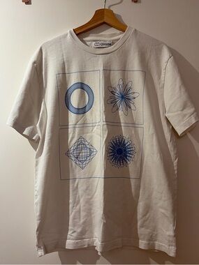 Chromat Men’s Cream Short-Sleeve Tee with Blue Geometric Motifs